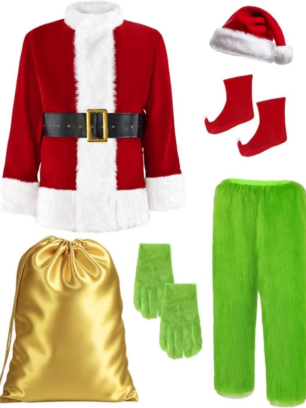 Deluxe Green Furry Monster Santa Costume Set for Men - 8 PCS Xmas Outfit with